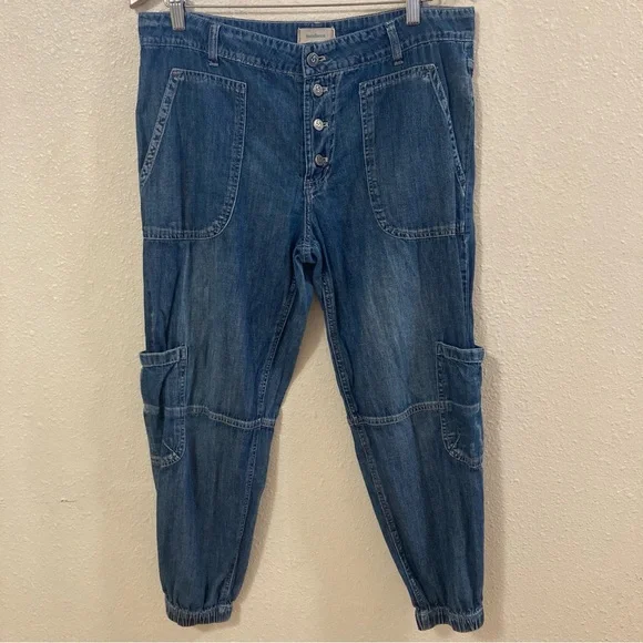 Sundance Jolienne Women’s Demin Joggers Cargo Button Blue Cotton Relaxed Sz 12 - Picture 3 of 16